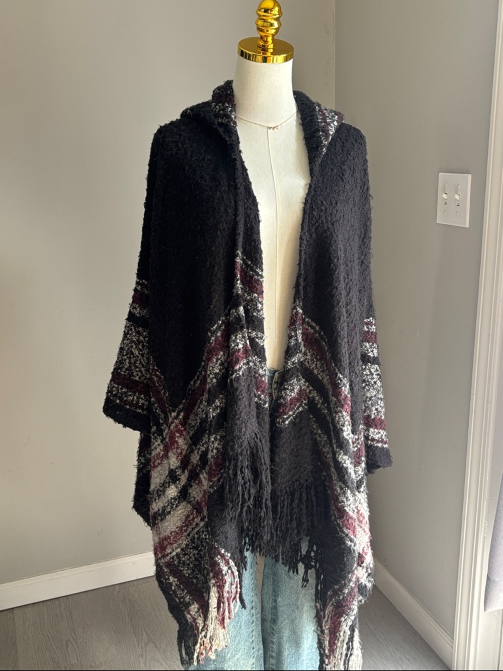 Angie Black Hooded Fringe Cape with Burgundy and Cream Plaid Accents